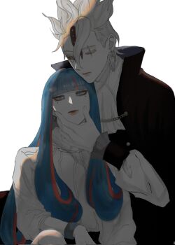 1boy 1girl ada_(naruto) black_cape blue_eyes blue_hair blunt_bangs boruto:_naruto_next_generations bracelet cape code_(naruto) corrupted_twitter_file earrings facial_tattoo hair_between_eyes hand_on_another&#039;s_chin highres ifevilwhyuhot jewelry long_hair long_sleeves mole mole_under_each_eye mole_under_eye multicolored_hair multiple_moles naruto_(series) one_eye_closed orange_eyes pink_hair puffy_long_sleeves puffy_sleeves scar scar_across_eye scar_on_face streaked_hair tattoo triangle_earrings two-tone_hair very_long_hair white_hair