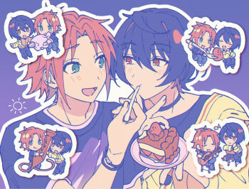 Rule 34 | 2boys, black hair, black shirt, blush, bracelet, cake, cardigan, chibi, chibi inset, choker, commentary request, ensemble stars!, feeding, food, green eyes, hair between eyes, highres, holding, holding plate, isara mao, jewelry, looking at another, low-cut, male focus, multiple boys, niyororinpayamaru, pastel colors, plate, print shirt, red eyes, red hair, sakuma ritsu, shirt, short hair, short sleeves, t-shirt, three-quarter sleeves, upper body, utensil in mouth, yaoi, yellow cardigan