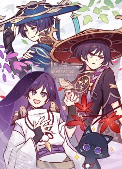 3boys animal animal_on_shoulder animalization armor artastiq bird bird_on_hand bird_on_shoulder black_bodysuit black_bridal_gauntlets black_cat black_kimono black_sleeves blue_cape blue_hat blunt_ends bodysuit bridal_gauntlets bright_pupils cape cat closed_mouth clothing_cutout eurasian_tree_sparrow feathers fingernails furrowed_brow genshin_impact gold gold_ring grey_veil half-closed_eyes han'eri hand_on_own_chest hand_on_own_shoulder hand_up hat japanese_armor japanese_clothes jewelry jingasa kariginu kimono kote kurokote layered_kimono layered_sleeves leaf long_sleeves looking_at_viewer looking_to_the_side mandarin_collar maple_leaf middle_ring mitsudomoe_(shape) multiple_boys multiple_persona neck_ring open_clothes open_hand open_kimono open_mouth parted_lips person_and_animalization pink_sleeves pom_pom_(clothes) purple_eyes purple_hair purple_rope purple_sash red_hat red_kimono rope sanpaku sash scaramouche_(cat)_(genshin_impact) scaramouche_(genshin_impact) scaramouche_(kabukimono)_(genshin_impact) see-through_clothes see-through_veil shimenawa short_sleeves shoulder_cutout smirk sparrow string tilted_headwear tomoe_(symbol) veil wanderer_(genshin_impact) white_pupils white_rope white_sleeves white_trim wide_sleeves yellow_feathers