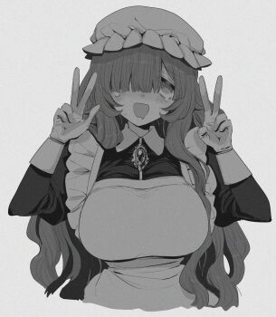 1girl :d apron breasts brooch collared_dress commentary_request cropped_torso double_w dress drooling eurasia_(wtp09ptw14) facing_viewer francoise_(eurasia) frilled_apron frills gloves greyscale hair_over_one_eye hands_up hat highres jewelry large_breasts long_bangs long_hair long_sleeves looking_up maid maid_apron mob_cap monochrome mouth_drool one_eye_covered open_mouth original parted_bangs ringed_eyes rolling_eyes simple_background small_sweatdrop smile solo tareme tearing_up w white_background