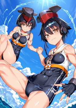 2girls abs black_hair breasts collarbone commission covered_abs fingerless_gloves framed_breasts gloves headphones highres holding_hands i-13_(kancolle) i-14_(kancolle) kantai_collection looking_at_viewer medium_breasts multiple_girls murata_taichi muscular muscular_female sailor_collar school_swimsuit short_hair single_fingerless_glove skeb_commission small_breasts swimsuit water white_sailor_collar yellow_eyes