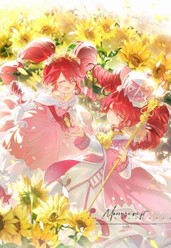 Rule 34 | 2girls, ^ ^, absurdres, artist request, ascot, bow, chinese commentary, closed eyes, closed mouth, collared dress, commentary request, commission, crown, day, dress, drill hair, dual persona, elbow gloves, field, fine (futagohime), floating hair, flower, flower field, formal clothes, frilled dress, frills, fur-trimmed crown, fur trim, fushigiboshi no futago hime, gloves, gold necklace, gold tiara, gown, hair between eyes, highres, holding, holding own dress, holding scepter, jewelry, layered dress, layered sleeves, light particles, long dress, long hair, long sleeves, multiple girls, necklace, off-shoulder dress, off shoulder, open mouth, outdoors, outstretched hand, petals, pink bow, pink crown, pink dress, princess, red hair, ribbon-trimmed sleeves, ribbon trim, sample watermark, scepter, second-party source, short over long sleeves, short sleeves, sleeve cuffs, smile, sparkle, sunflower, sunflower field, tiara, twin drills, twintails, waist bow, watermark, white dress, white gloves, white sleeves, wind, yellow ascot, yellow flower