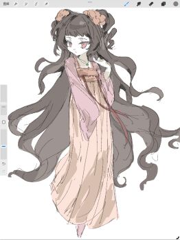 1girl absurdres art_program_in_frame brown_hair chinese_clothes chinese_commentary closed_mouth commentary_request drill_hair expressionless flower full_body hair_flower hair_ornament hand_up hanfu highres jewelry limbus_company liningne long_hair long_sleeves necklace orange_flower orange_hanfu pale_skin pink_sleeves procreate_(medium) procreate_(software) project_moon qixiong_ruqun red_eyes sketch solo tsurime two_side_up very_long_hair xue_baochai_(project_moon)