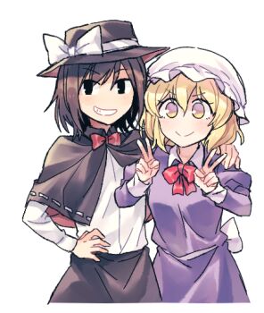 Rule 34 | 2girls, back bow, black capelet, black hat, black skirt, blonde hair, bow, bowtie, brown hair, capelet, closed mouth, collared dress, double v, dress, grin, hand on another's shoulder, hand on own hip, hat, hat bow, long sleeves, looking at viewer, maribel hearn, mob cap, multicolored eyes, multiple girls, purple dress, purple eyes, re ghotion, red bow, red bowtie, sash, shirt, shirt tucked in, short hair, simple background, sketch, skirt, smile, touhou, two-tone eyes, usami renko, v, white background, white bow, white hat, white sash, white shirt, yellow eyes