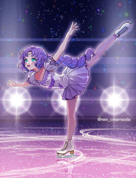 1girl artist_name commentary commission english_commentary figure_skating figure_skating_dress fire_emblem fire_emblem:_the_blazing_blade florina_(fire_emblem) green_eyes ice_skates ice_skating nintendo on_ice outstretched_arms purple_hair rein_creamsoda second-party_source skates skating skating_rink