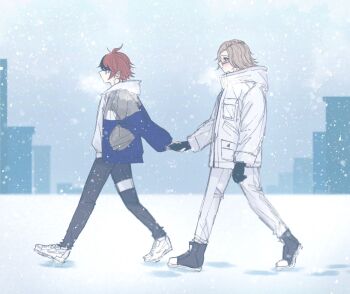 2boys a_1_sb_11 ahoge aotsuki_eito black_gloves black_hair black_pants black_shoes blue_eyes blue_jacket blush closed_mouth commentary_request drawstring footprints from_side full_body glasses gloves grey_hair grey_jacket high_collar holding_hands hood hood_down hooded_jacket hoodie jacket jacket_over_hoodie long_sleeves male_focus multicolored_hair multicolored_jacket multiple_boys open_clothes open_jacket outdoors pants pocket red_hair shoes short_hair sneakers snow snowing streaked_hair sumino_takumi the_hundred_line_-last_defense_academy- thigh_strap two-tone_hair two-tone_jacket walking white_hoodie white_jacket white_pants white_shoes