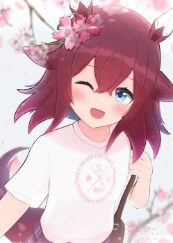 Rule 34 | 1girl, absurdres, animal ears, bag, blue eyes, blush, cherry blossoms, commentary request, ear covers, ear ornament, flipped hair, flower, hair flower, hair ornament, highres, horse ears, horse girl, horse tail, looking at viewer, napo (user vktv7727), open mouth, red hair, sakura chiyono o (umamusume), shirt, short hair, short sleeves, shoulder bag, smile, solo, tail, umamusume, white shirt
