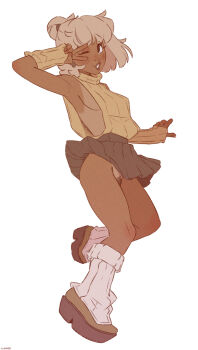 Rule 34 | 1girl, armpits, black skirt, blush, breasts, brown lips, commentary, dark-skinned female, dark skin, detached sleeves, earrings, english commentary, female pubic hair, full body, grey hair, highres, jewelry, klimspree, loose socks, medium breasts, mismatched pubic hair, no bra, no panties, one-piece tan, one eye closed, original, platform shoes, pubic hair, pubic hair peek, puckered lips, ribbed sleeves, ribbed socks, ribbed sweater, shoes, short hair, sideboob, skirt, sleeveless, sleeveless turtleneck, sleeves past wrists, socks, solo, sweater, tan, tanline, turtleneck, v, v over eye, white background, white socks, wind, wind lift, yuzu (klimspree)