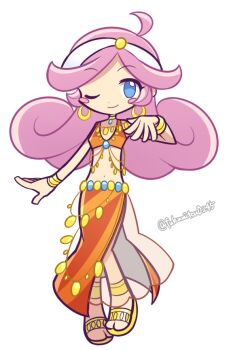 1girl blue_eyes blush_stickers bracelet earrings fukumitsu_(kirarirorustar) gypsy hoop_earrings jewelry long_hair midriff navel official_style one_eye_closed orange_shirt orange_skirt pink_hair puyopuyo puyopuyo_fever raffina_(puyopuyo) sandals shirt simple_background skirt solo white_background