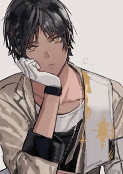 Rule 34 | 1boy, arknights, black hair, closed mouth, commentary, dark-skinned male, dark skin, gloves, grey background, head rest, highres, hishoti cheese, jacket, jewelry, long sleeves, looking at viewer, male focus, necklace, open clothes, open jacket, orange eyes, shirt, simple background, solo, sound effects, symbol-only commentary, thorns (arknights), upper body, white gloves