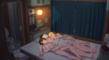 1boy 2girls abubu blonde_hair commentary commentary_request english_commentary hetero highres loli mixed-language_commentary multiple_girls nude original