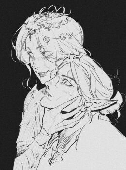 Rule 34 | 2girls, baldur's gate, baldur's gate 3, black background, blank eyes, bleeding, blood, blood from mouth, blood on face, commentary request, elf, eyes visible through hair, film grain, from side, grabbing another's chin, greyscale, guul (ghoul 231113), hair bun, hand on another's chin, hand on another's face, headpiece, highres, korean commentary, minthara, monochrome, multiple girls, nosebleed, orin the red, parted lips, pointy ears, portrait, short hair, simple background, single hair bun, smile, wide-eyed