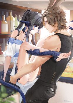 1boy 1girl animal_ears au_ra black_hair black_pants black_tank_top blue_hair bottle braid brown_hair cabinet carrot_(robosquat) chain choker collarbone dragon_horns dragon_tail final_fantasy final_fantasy_xiv hair_over_shoulder half_up_braid hands_on_another&#039;s_hips hetero highres horns multicolored_hair nadeshiko_(carrot_robosquat) off-shoulder_shirt off_shoulder original panties pants pantyshot ponytail rabbit_ears shirt sidelocks signature streaked_hair tail tank_top twitter_username underwear viera youta_(carrot_robosquat)