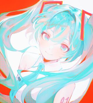 1girl absurdres aqua_eyes aqua_hair aqua_necktie blue_eyes closed_mouth collared_shirt commentary hair_between_eyes hair_ornament hatsune_miku highres laari_000 long_hair looking_at_viewer necktie shirt sleeveless sleeveless_shirt smile solo tie_clip twintails vocaloid white_shirt