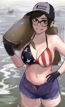 1girl absurdres american_flag american_flag_bikini american_flag_print animal baseball_cap bikini black-framed_eyewear black_eyes black_gloves black_hair breasts catfish cleavage cowboy_shot denim denim_shorts eyebrow_cut fish fishing flag_print flag_print_bikini glasses gloves hand_on_own_hip happy hat highres holding holding_animal holding_fish large_breasts linea_alba looking_at_viewer meme navel original outdoors print_bikini print_headwear river rosen_(veyonis) short_hair shorts sidelocks smile standing swimsuit teeth veyonis wading water wet wet_clothes women_want_me_fish_fear_me_(meme)