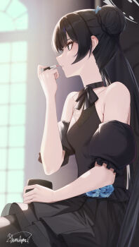 1girl absurdres alternate_costume applying_lipstick applying_makeup bare_shoulders black_choker black_dress black_eyes black_hair blue_archive braid braided_bun choker commentary cosmetics detached_sleeves dress grey_halo hair_bun halo highres holding holding_lipstick_tube kisaki_(blue_archive) kisaki_(dress)_(blue_archive) lipstick_tube long_hair looking_to_the_side puffy_short_sleeves puffy_sleeves short_sleeves solo twintails yamikyon