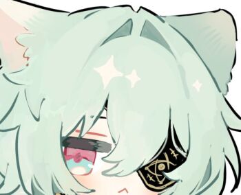 Rule 34 | 1boy, :<, anaxa (honkai: star rail), animal ears, aqua eyes, aqua hair, close-up, closed mouth, commentary request, eyepatch, hair between eyes, hair intakes, honkai: star rail, honkai (series), looking at viewer, male focus, medium hair, one eye covered, pink eyes, pink pupils, rh1 bdt, simple background, solo, upper body, white background