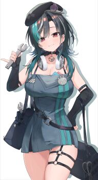 Rule 34 | 1girl, absurdres, bag, bare shoulders, beret, black choker, black hair, black hat, black sleeves, braid, breasts, choker, cleavage, cowboy shot, detached sleeves, dress, hashtag-only commentary, hat, headphones, headphones around neck, highres, holding, holding wrench, hololive, hololive dev is, holonatsu paradise, large breasts, long hair, looking at viewer, multicolored hair, o-ring, o-ring thigh strap, official alternate costume, open mouth, parted lips, qwertyyyyyyyyyyyeaaah, red eyes, rindo chihaya, rindo chihaya (holonatsu paradise), shoulder bag, single thighhigh, sleeveless, sleeveless dress, smile, solo, spaghetti strap, streaked hair, thigh strap, thighhighs, toolbox, tools, virtual youtuber, white hair, wrench