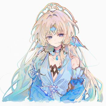 1girl android blonde_hair breasts chest_markings commentary detached_sleeves dress fins forehead_jewel gem gradient_hair hair_ornament head_fins headpiece highres honkai:_star_rail honkai_(series) long_hair looking_at_viewer multicolored_hair parted_bangs pearl_(gemstone) pearl_(honkai:_star_rail) purple_eyes ri_pi_o robot_girl simple_background solo upper_body very_long_hair white_background