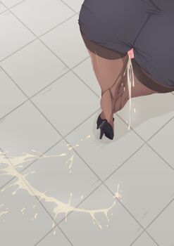 1girl absurdres bar_censor censored clothing_cutout crotch_cutout high_heels highres leaning_forward leg_focus no_panties office_lady original pantyhose peeing peeing_self pussy rune_(dualhart) solo