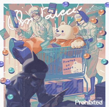 4boys bear_boy bepo_(one_piece) black_boots black_hair blurry blurry_background boots commentary_request earrings full_body grin hat heart_pirates_jolly_roger holding jewelry jumpsuit male_focus multiple_boys one_piece orange_jumpsuit penguin_(one_piece) shachi_(one_piece) sharp_teeth short_hair sitting smile teeth trafalgar_law twitter_username upper_body white_fur white_hat yum_xoxo_yum