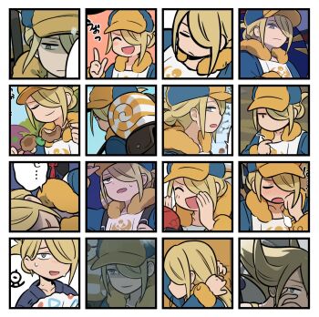 Rule 34 | 1boy, arms up, backpack, bag, blonde hair, border, closed eyes, closed mouth, commentary request, food, fur-trimmed collar, fur trim, gen 2 pokemon, gen 4 pokemon, ginkgo guild uniform, grey eyes, hair bun, hair down, hair horns, hair over one eye, hat, highres, jitome, lying, male focus, multicolored hat, multiple views, newsboy cap, nintendo, on side, one eye covered, orange fur, pointing, pointing at self, pokemon, pokemon (creature), pokemon legends: arceus, profile, puff of air, shish kebab, shouting, shuan 0420, smile, speech bubble, spiritomb, sweatdrop, tying hair, unown, unown w, volo (pokemon), white border