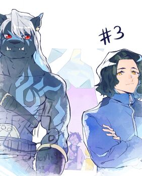 4boys black_hair blue_jacket digimon digimon_(creature) digimon_beatbreak episode_number furry furry_male highres jacket kuonji_makoto long_hair multiple_boys murasamemon red_eyes sapotama sawashiro_kyo shen7094 short_hair tenma_tomoro upper_body wavy_hair white_hair yellow_eyes