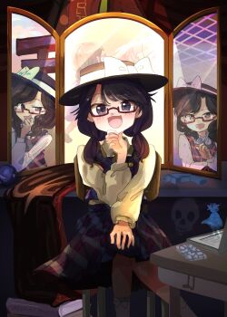 1girl absurdres black_hat black_shoes blush book book_stack bow brown_eyes brown_hair cape chair collared_shirt computer crossed_legs defense_distributed_liberator desk dream_world_(touhou) flustered glasses gun hand_on_own_chin hand_on_own_knee handgun hat hat_bow highres hologram laptop looking_at_viewer minus_(sr_mineka) mirror multiple_views open_mouth plaid_clothes plaid_skirt plaid_vest purple_skirt purple_vest red-framed_eyewear red_cape runes school_desk shirt shoes short_twintails sitting skirt skull smug socks solo torii touhou twintails two-tone_cape unworn_cape usami_sumireko vest weapon white_bow white_shirt white_socks wooden_chair