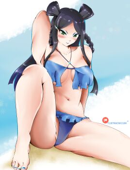 1girl absurdres arm_up armpits beach black_hair blue_lips braided_pigtails breasts fairy_tail flatpancakesjim hair_ornament highres large_breasts legs_apart long_hair looking_at_viewer makeup minerva_orlando patreon_logo patreon_username seductive_smile sitting smile swimsuit thick_thighs thighs