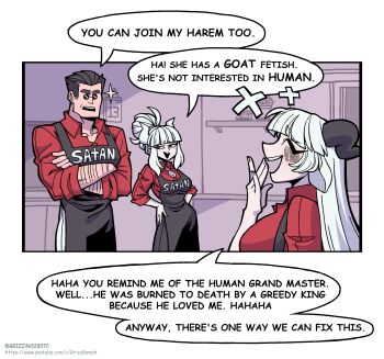 Rule 34 | 1boy, 2girls, apron, arm hair, baphomet (grizz), black hair, blush, collared shirt, comic, commentary, english commentary, english text, goat horns, grizz, helltaker, helltaker (character), highres, horns, laughing, long hair, lucifer (helltaker), mole, mole under eye, multiple girls, original, parody, red eyes, red shirt, segmented comic, shirt, short hair, smug, style parody, vanripper (style), very long hair, very short hair