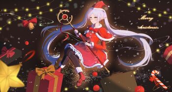 1girl absurdres bell black_pantyhose boots bow bowtie box candy candy_cane capelet christmas christmas_lights commentary dress earrings elf floating floating_hair food frieren frilled_dress frills full_body fur-trimmed_boots fur-trimmed_capelet fur-trimmed_dress fur-trimmed_headwear fur-trimmed_sleeves fur_trim gift gift_box green_eyes gruisin hat highres holding holding_staff holly jewelry long_hair mage_staff merry_christmas pantyhose parted_bangs pointy_ears red_boots red_bow red_bowtie red_capelet santa_costume santa_dress santa_hat short_eyebrows snowflakes sousou_no_frieren staff star_(symbol) teardrop_earrings thick_eyebrows twintails very_long_hair