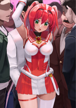 1girl 6+boys alice_soft arm_up armpits belt blush breasts chicken_(chickenx) chikan choukou_(alicesoft) choukou_taisen_escalation_heroines cleavage clothing_cutout covered_navel cowboy_shot crowd elbow_gloves esca_ruby faceless faceless_male facial_hair gloves green_eyes hair_between_eyes highres large_breasts looking_down medium_breasts miniskirt molestation multiple_boys mustache open_mouth pleated_skirt red_hair red_sailor_collar red_skirt sailor_collar short_hair single_thighhigh skirt solo_focus sonozaki_akari standing thigh_strap thighhighs train_interior twintails two_side_up white_gloves white_thighhighs