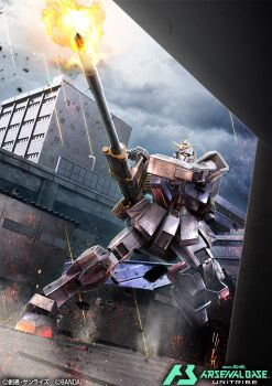 building cannon cloud cloudy_sky copyright_logo copyright_name copyright_notice firing green_eyes ground_gundam gundam gundam_08th_ms_team gundam_arsenal_base holding_cannon igaraigara logo mobile_suit no_humans official_art outdoors robot science_fiction sky solo standing standing_on_one_leg v-fin