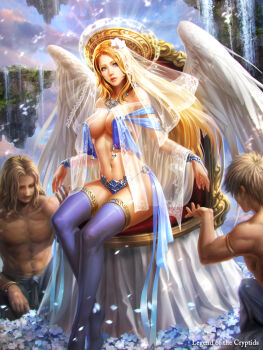 1girl 2boys angel_wings bikini blonde_hair blue_eyes blue_thighhighs breasts cleavage floating_island flower hair_flower hair_ornament halo jewelry large_breasts legend_of_the_cryptids light_rays lips looking_at_viewer multiple_boys navel see-through_clothes shuichi_wada solo_focus swimsuit thighhighs throne toned toned_female veil water waterfall wings