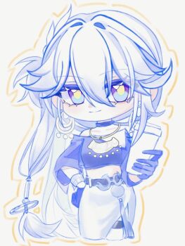 Rule 34 | 1girl, belt, black belt, blue shirt, chibi, chibi only, choker, commentary request, cropped legs, cup, disposable coffee cup, disposable cup, earrings, hair between eyes, hand on own hip, highres, holding, holding cup, honkai: star rail, honkai (series), jewelry, long hair, looking at viewer, midriff, necklace, official alternate costume, ponytail, purple eyes, shirt, simple background, skirt, smile, solo, very long hair, whatmalen, white hair, white skirt, yao guang (chapanda) (honkai: star rail), yao guang (honkai: star rail), yellow pupils