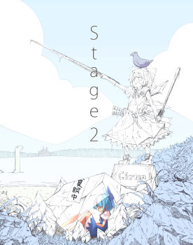 Rule 34 | 1girl, advent cirno, bird, blue bow, blue dress, blue hair, bow, character name, cirno, cloud, crab, day, detached wings, dress, english text, from side, grass, hair bow, highres, ice, ice wings, jagabutter, keroro, keroro gunsou, lake, loch ness monster, misty lake, neck ribbon, on ground, outdoors, puffy short sleeves, puffy sleeves, red ribbon, ribbon, rock, scarlet devil mansion, short hair, short sleeves, sitting, solo, statue, touhou, wings