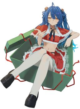 1girl absurdres ahoge amamiya_kokoro bell black_ribbon black_shoes blowing_kiss blue_hair blush box capelet christmas commentary_request crop_top full_body fur-trimmed_capelet fur-trimmed_skirt fur_trim gift gift_box hair_bell hair_between_eyes hair_intakes hair_ornament hair_ribbon hand_up highres in_box in_container long_hair looking_at_viewer lupinu5 midriff navel neck_ribbon nijisanji o3o pantyhose red_capelet red_skirt ribbon santa_costume shoes simple_background sitting skirt solo transparent_background virtual_youtuber white_pantyhose yellow_eyes