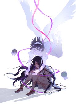 2boys 2girls absurdres alien_stage black_hair boots bra burn_scar chibi chinese_commentary commentary dress elbow_gloves english_commentary fur-trimmed_boots fur_trim ghost gloves hair_visible_through_wig hairband highres holding ingi_(ydjn3245) ivan_(alien_stage) knees_up mixed-language_commentary mizi_(alien_stage) multiple_boys multiple_girls paper_doll paper_doll_chain pink_hair purple_eyes scar scar_on_arm scar_on_face scar_on_foot scar_on_leg shorts sitting strapless strapless_dress sua_(alien_stage) till_(alien_stage) underwear white_boots white_bra white_dress white_gloves white_hairband white_shorts white_wings wig wings yellow_eyes