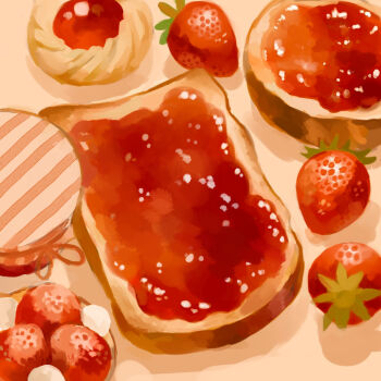 bread bread_slice commentary_request cookie fmtxpicx6b2zdw food food_focus fruit jam jar no_humans original strawberry toast
