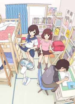 1boy 2girls bed brother_and_sister bunk_bed clothes_lift electric_fan highres kiyo_(kyokyo1220) lifting_own_clothes multiple_girls original school_uniform serafuku siblings skirt skirt_lift