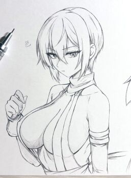 1girl armpit_crease art_tools_in_frame breasts character_request closed_mouth collarbone commentary_request eyelashes graphite_(medium) greyscale hair_between_eyes highres large_breasts monochrome photo_(medium) samurai_spirits seishun_dendeke short_hair solo traditional_media