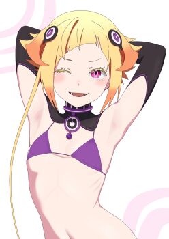 1girl absurdres armpits arms_behind_head arms_up bikini blonde_hair capella_emerada_lugnica fangs flat_chest highres looking_at_viewer one_eye_closed open_mouth purple_bikini purple_eyes re:zero_kara_hajimeru_isekai_seikatsu ribs short_hair shrug_(clothing) simple_background smile solo sorashikomi swimsuit