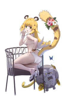 1girl adjusting_clothes adjusting_panties alternate_costume animal_ear_fluff animal_ears ass bare_shoulders bikini blue_butterfly blush bracelet breasts bug butterfly chair colored_inner_hair commentary_request flower from_side full_body green_eyes hand_up highres insect jewelry ju_fufu long_hair looking_at_viewer mmk_(majinai_no_mori) multicolored_hair on_chair open_mouth panties shoes side-tie_bikini_bottom simple_background small_breasts solo sparkle sparkling_eyes striped_fur striped_hair swimsuit tail tail_flower tail_ornament tiger_ears tiger_girl tiger_stripes tiger_tail underwear white_background white_bikini white_shoes wristband zenless_zone_zero