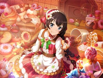 Rule 34 | 1girl, black hair, blue eyes, braid, cake, candy, closed mouth, cosplay, cupcake, donut, dress, earrings, food, food on face, frilled sleeves, frills, game cg, gretel (hansel and gretel), gretel (hansel and gretel) (cosplay), hair between eyes, hairband, hansel and gretel, holding, holding donut, holding food, jewelry, kagura hikari, lollipop, long hair, long sleeves, looking at viewer, macaron, multicolored dress, official art, red hairband, shoujo kageki revue starlight, shoujo kageki revue starlight -re live-, sitting, solo, sparkle, swirl lollipop, twin braids, upper body, white dress