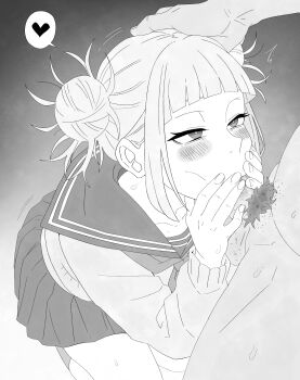 Rule 34 | 1boy, 1girl, absurdres, blunt bangs, blush, boku no hero academia, cardigan, double bun, fellatio, fenqury, fingernails, greyscale, hair bun, half-closed eyes, hand on another's head, heart, highres, irrumatio, male pubic hair, monochrome, oral, pubic hair, school uniform, serafuku, short hair, spoken heart, sweat, testicles, toga himiko