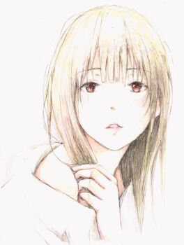 1girl absurdres bbmasa black_hair commentary_request gradient_background grey_background hibike!_euphonium highres lips liz_to_aoi_tori long_hair looking_at_viewer parted_lips portrait red_eyes solo straight-on traditional_media yoroizuka_mizore