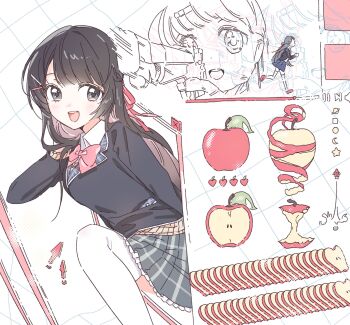 1girl apple apple_slice bitten_apple black_eyes black_hair black_jacket blazer bow bowtie braid collared_shirt colored_inner_hair contrast_lapels cursor food food_bite frilled_skirt frills fruit grey_skirt grid gun hair_ornament hair_ribbon hairclip half_up_braid handgun hashtag-only_commentary highres jacket lapels long_hair long_sleeves looking_to_the_side miniskirt multicolored_hair multiple_views nazono_mito nijisanji notched_lapels open_mouth p_4x pastel_colors pause_button pink_bow pink_bowtie pink_hair plaid_clothes plaid_lapels plaid_skirt play_button pleated_skirt red_ribbon ribbon rocket running school_uniform shirt skirt smile smoke smoke_trail sweater thighhighs through_medium through_screen tsukino_mito tsukino_mito_(1st_costume) user_interface virtual_youtuber volume_symbol weapon white_background white_shirt white_thighhighs window_(computing) wing_collar yellow_sweater youtube zettai_ryouiki