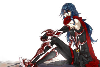 1boy armor armored_boots bio_lab black_gloves black_pants black_shirt blue_hair boots commentary_request elbow_gloves eremes_guile full_body gauntlets gloves guillotine_cross_(ragnarok_online) long_hair looking_at_viewer male_focus official_alternate_costume pants ragnarok_online red_armor red_eyes red_scarf scarf shirt simple_background sitting sleeveless sleeveless_shirt solo toriria torn_clothes torn_scarf white_background