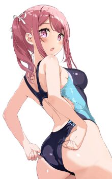 1girl absurdres adjusting_clothes adjusting_swimsuit ass back bad_id bad_pixiv_id bare_arms black_one-piece_swimsuit blush breasts check_commentary commentary_request competition_swimsuit highleg highres kurumi_(kantoku) looking_at_viewer looking_back medium_breasts miyuki_(yxbt7) one-piece_swimsuit open_mouth original ponytail purple_eyes red_hair school_swimsuit sidelocks simple_background solo standing swimsuit white_background
