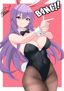 1girl absurdres animal_ears black_leotard blush breasts brown_pantyhose highres leotard long_hair long_sleeves looking_at_viewer medium_breasts necktie open_mouth pamu_art pantyhose playboy_bunny pointing purple_hair rabbit_ears rabbit_girl red_eyes red_necktie reisen_udongein_inaba smile solo touhou very_long_hair